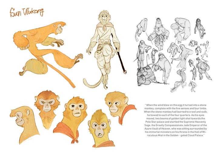 this image features concept art for a character named sun wukong, a mythical monkey from chinese literature. it shows different sketches and poses of sun wukong, along with a textual description of his origin. the art style is a combination of traditional ink and watercolor techniques, giving it a charming and whimsical quality. the image is filled with intricate details and dynamic poses, showcasing the artist's creativity and skill.