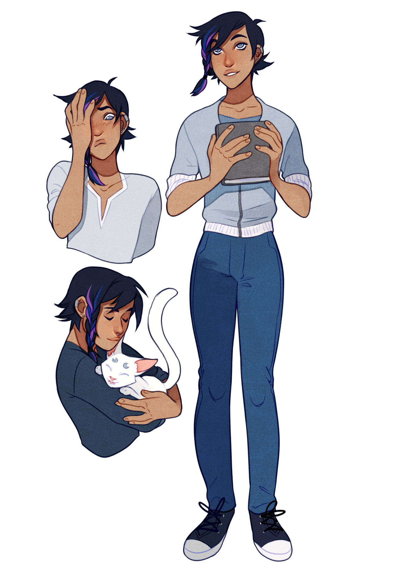 the illustration features a young man in various poses. he's seen holding a book, with his hand on his head as if tired, and cradling a white cat. the character has dark hair with a purple streak, tanned skin, and wears a simple outfit of a white shirt and blue jeans.