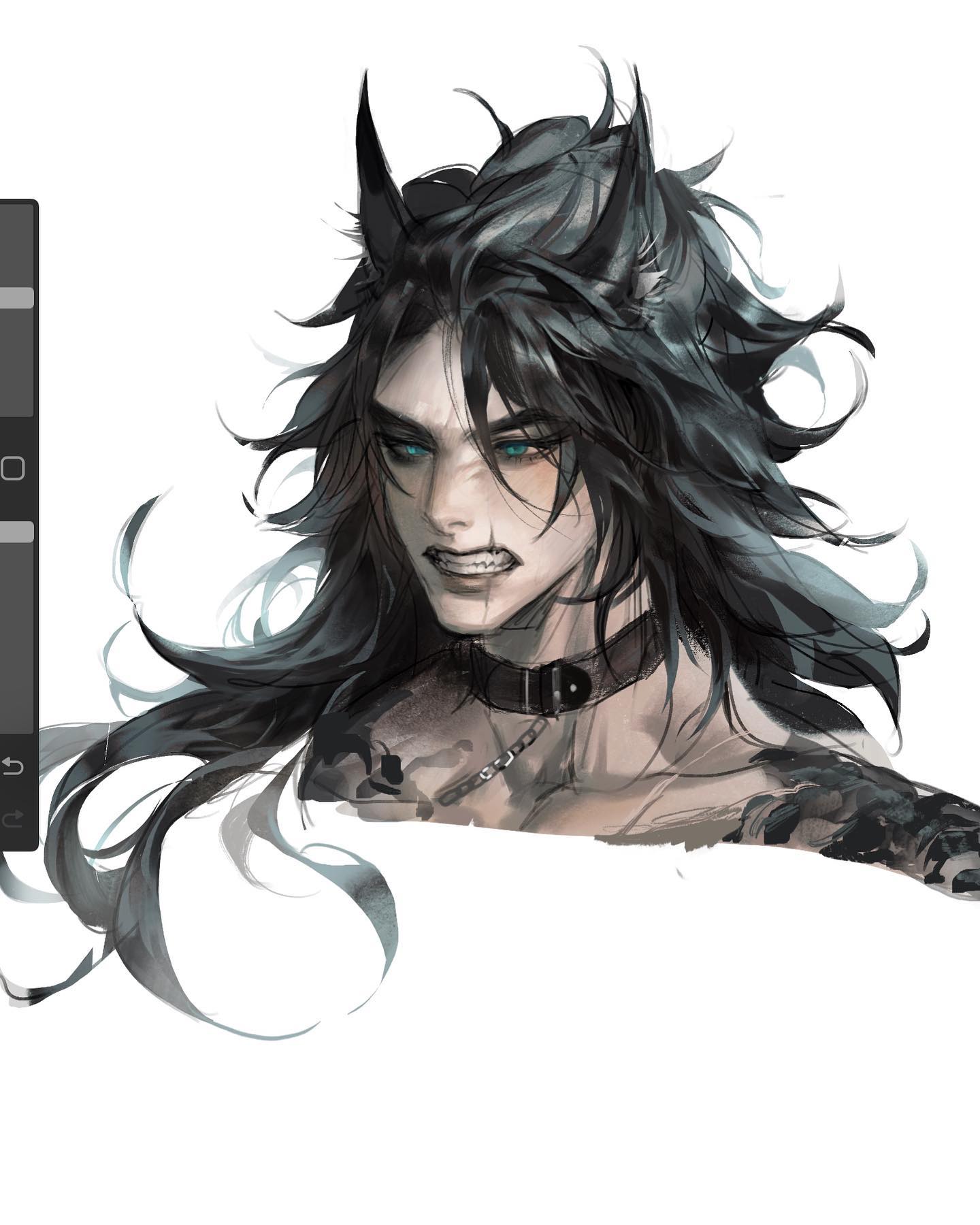 the image is a stylized sketch of a male character with demonlike horns and long, flowing black hair. he has striking blue eyes and a fierce expression with bared teeth. he wears a black choker and his shoulders and chest are adorned with intricate tattoos. the overall style leans towards fantasy and the artwork appears unfinished, emphasizing the sketching phase.
