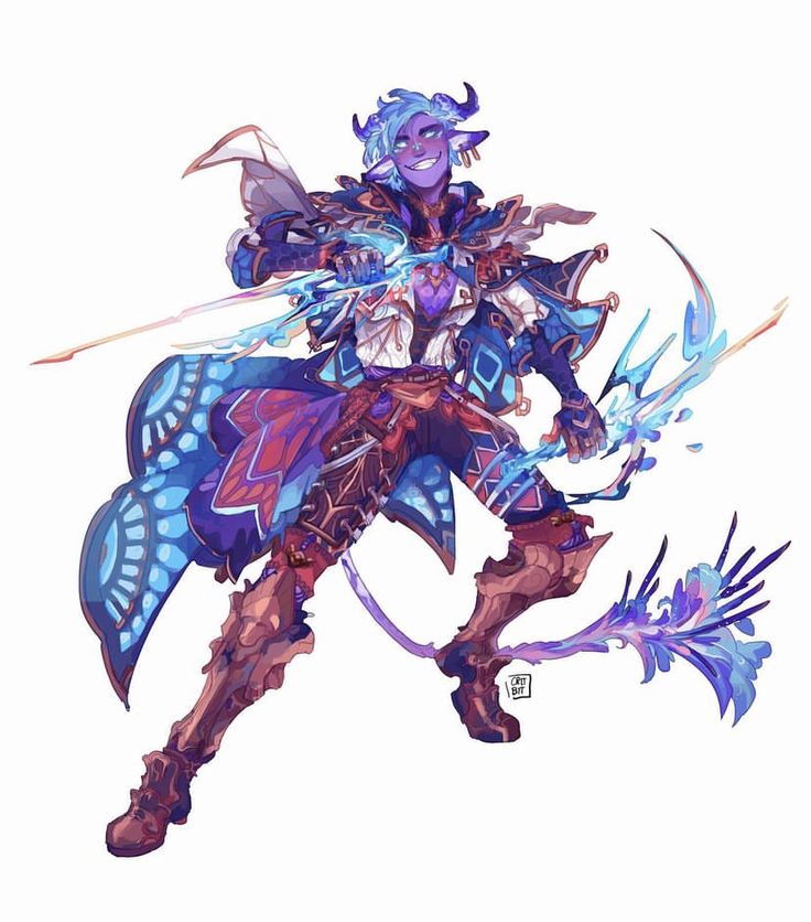 this is a digital illustration of a fantasy character. the character is an elflike creature with blue skin, blue hair, and a mischievous expression. he is wearing a colorful outfit with intricate details, and he appears to be holding a bow and arrow, as well as a sword and a dagger. the character is in a fighting stance, suggesting he is in the midst of combat. the overall feel of the illustration is dynamic and actionpacked, with splashes of bright colors that bring the character and scene to life.
