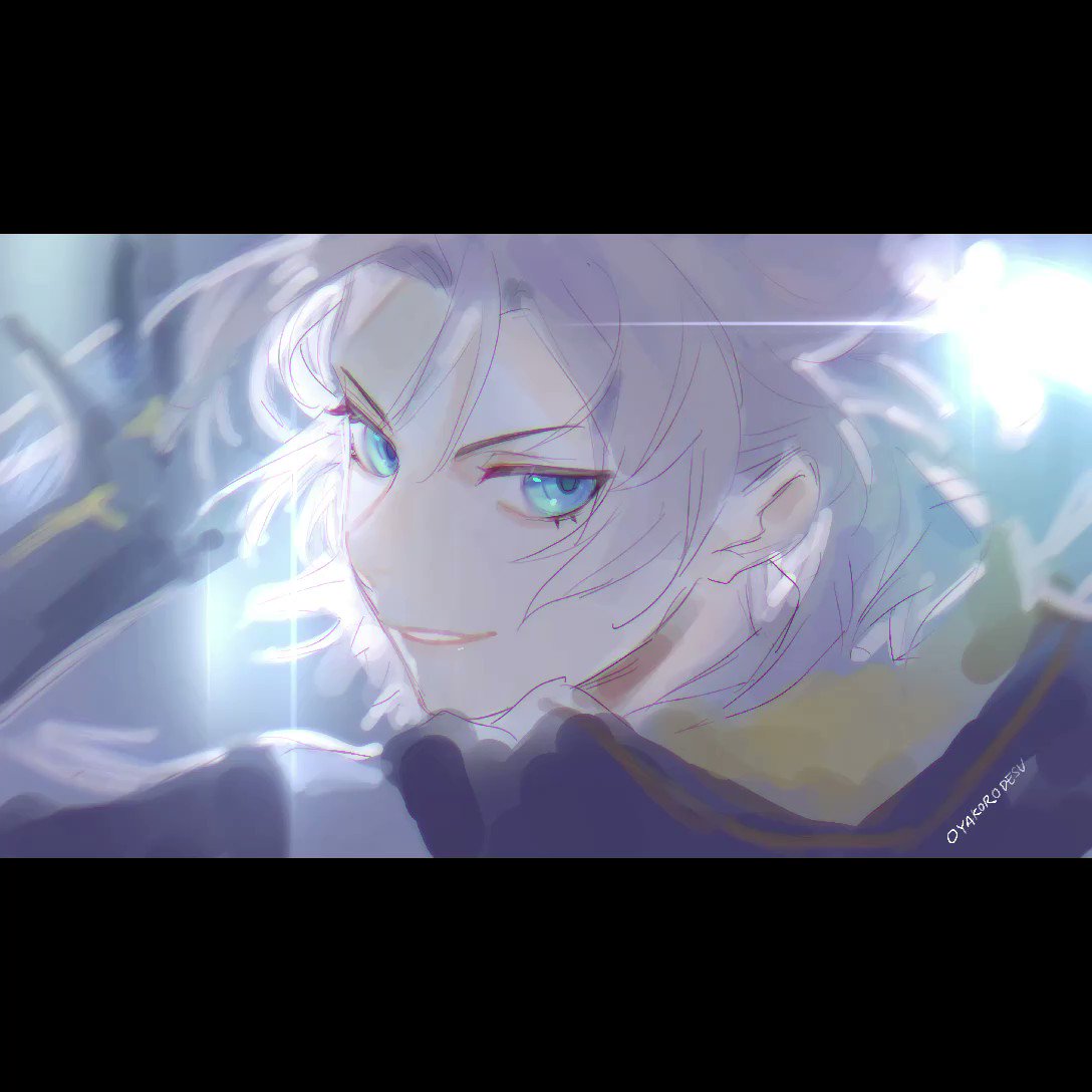 a digital illustration of an anime boy with white hair and blue eyes looking at the camera with a slight smile.