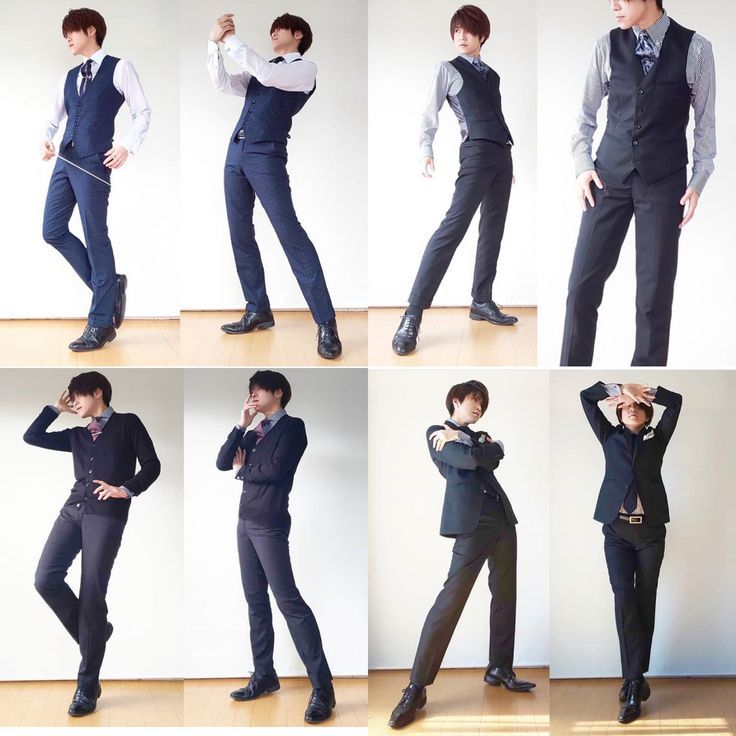 the image features six different men in suits, each with a slightly different style. the suits are either black or navy blue, and all of them have a waistcoat and a tie. the men are standing in various poses, some with their arms crossed, some with their hands in their pockets, and some with their hands on their hips. the background is a plain white wall. the men are all looking to the camera with serious expressions on their faces. they appear to be confident and fashionable. the image is a fashion photoshoot, demonstrating the elegance of men in suits.