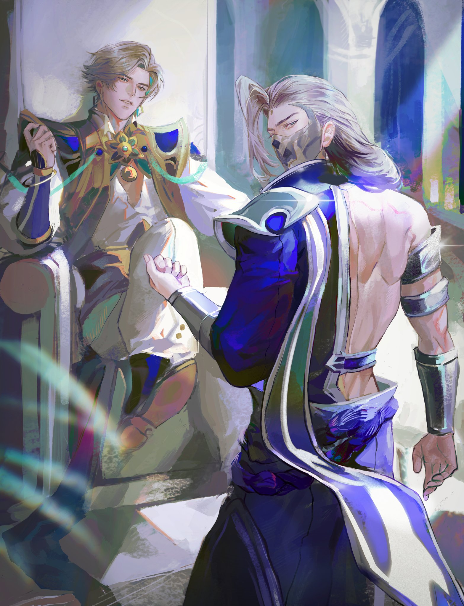 the image depicts a scene with two male characters. one of the characters is seated on a throne, wearing a gold and white outfit, while the other is standing, wearing blue and white attire. the standing figure is looking at the other, who seems relaxed and calm. both characters appear to have a special bond.