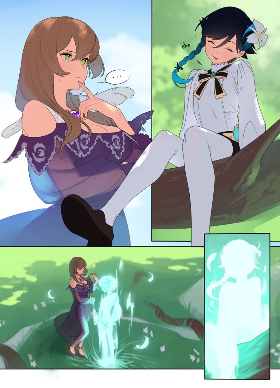 the image is a twopanel comic featuring two women in a fantastical setting. in the top panel, a woman with brown hair and a purple dress sits on a tree branch, a small bird perched on her finger. she gazes thoughtfully at a woman with blue hair and a white dress who sits comfortably on the branch above her. the bluehaired woman has a serene expression and a single white flower adorning her hair. the bottom panel shifts perspective to a wider shot, revealing the brownhaired woman now standing in a grassy clearing. before her, a glowing ethereal figure resembling a young girl materializes, surrounded by swirling lights and feathers. the overall atmosphere is magical and peaceful, suggesting a story about friendship, nature, and possibly the summoning of a spirit.
