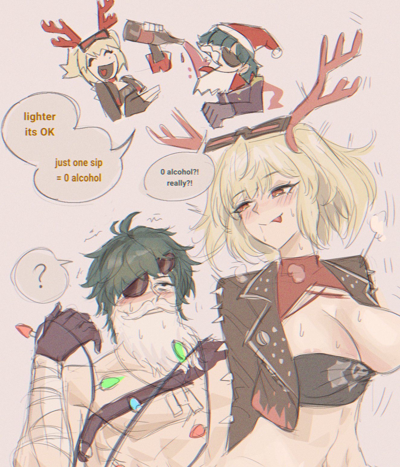 the image is a digital fanart piece featuring animestyle characters in a festive christmas setting.  a blonde woman with reindeer antlers on her head is depicted in a punkinspired outfit, looking slightly tipsy or amused. next to her is an older man with green hair and a beard, who appears somewhat surprised or embarrassed. in the background, two smaller images depict other characters, one possibly holding a bottle. speech bubbles add to the narrative, suggesting a conversation about alcohol consumption during the holiday. the art style is soft and slightly sketchy, with a focus on expressive characters and a lighthearted, humorous mood. the overall scene conveys a sense of playful camaraderie among the characters at a christmas gathering.