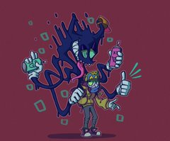 a cartoon drawing of a tall, lanky, and drippy shadow monster holding up a smaller humanlike character wearing a yellow hoodie over its shoulders.  the monster has one arm around the smaller character's shoulder while giving a thumbsup.  in its other hand, it's holding up a spray paint can. the smaller character is holding up a camera in one hand and making a finger frame with the other. the background is a solid color.