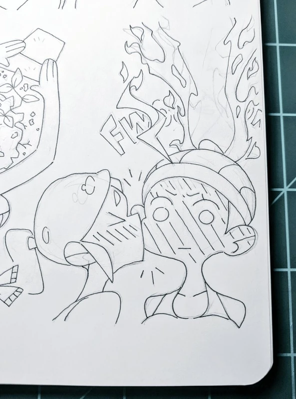 a black and white sketch of two cartoon characters. the character on the left is wearing a hat and looks like they are about to kiss the character on the right who is wearing a hat and has a big, surprised expression. the drawing is simple but has a lot of personality. it appears to be a comic strip.