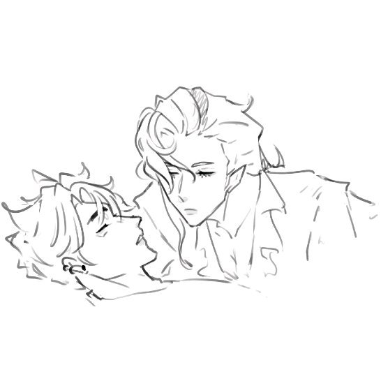 he image is a black and white line drawing of two animestyle boys. one boy is lying down with his eyes closed, seemingly asleep or resting. the other boy is leaning over him, looking down with a soft, tender expression.  the style is sketchy and informal, suggesting a quick, expressive artwork rather than a highly polished piece. the overall mood is intimate and romantic.