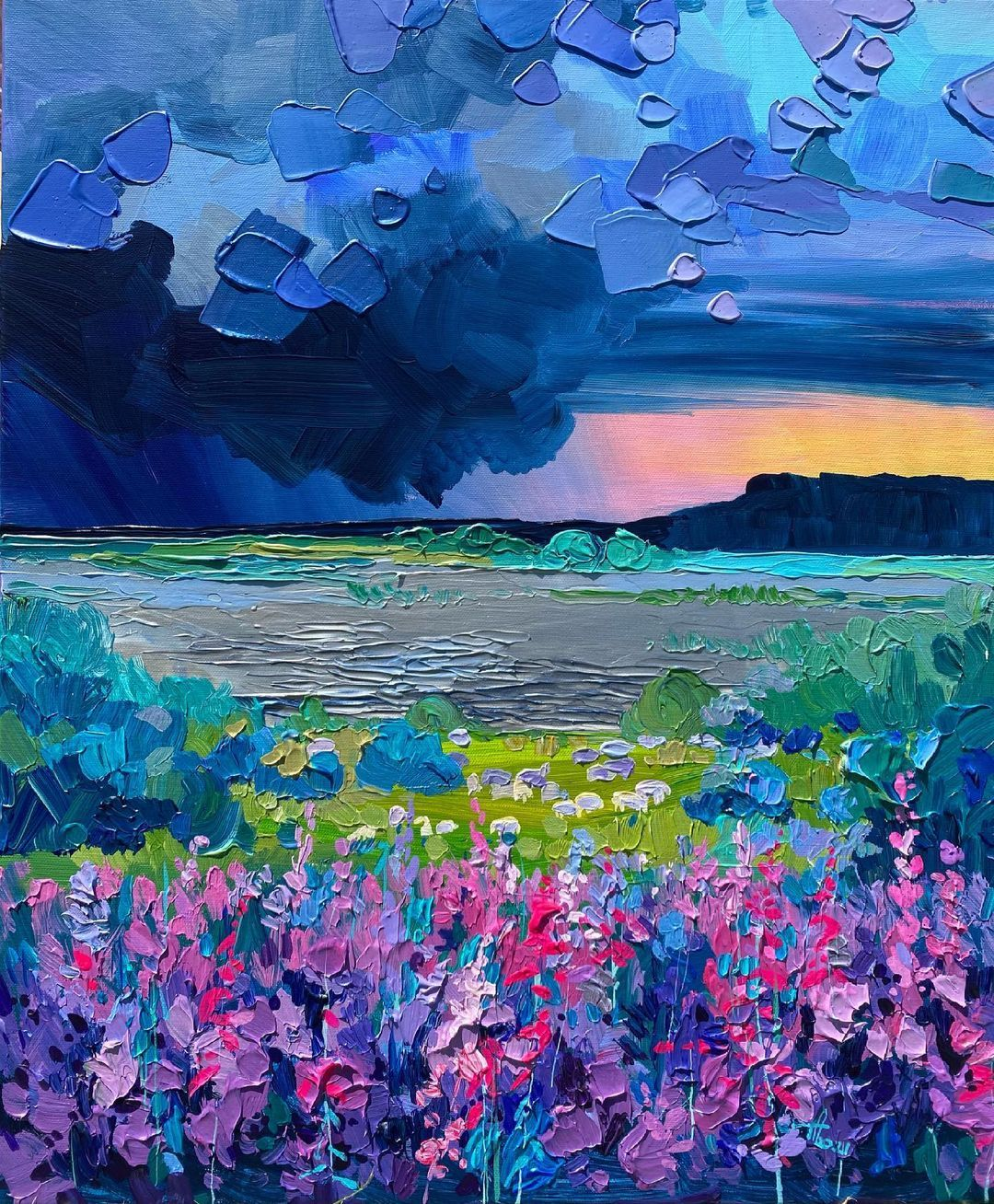 the painting depicts a vibrant landscape scene with a dramatic thunderstorm brewing in the distance. the foreground is filled with a field of colorful wildflowers, predominantly in shades of purple and pink. a tranquil river flows through the middle ground, reflecting the warm hues of the setting sun. the background features a dramatic sky with dark, heavy clouds gathering over the horizon, contrasting against the bright orange and yellow glow of the sunset. the overall composition creates a sense of both peace and impending power.