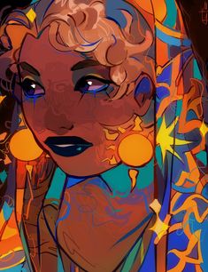 a digital art portrait of a black woman with brown hair and blue eyes. her head is covered by an orange head wrap. the art style is painterly. there are golden star and sun shapes surrounding her face. the colors in the image are warm, consisting of mostly brown, orange, and yellow.