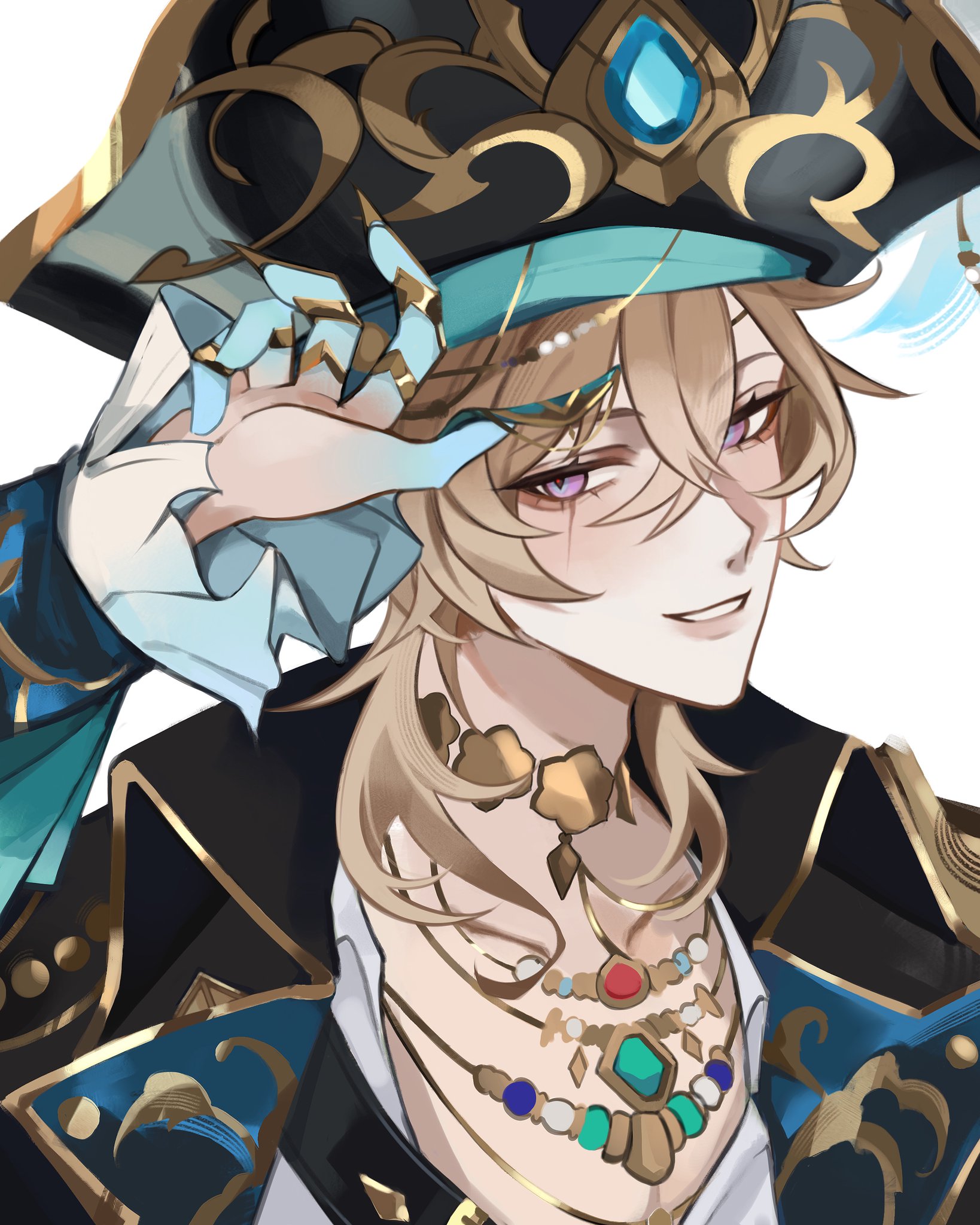 the image is a detailed digital fanart of childe (tartaglia) from the video game genshin impact.  he is depicted in a stylish pirate captain's outfit, complete with an ornate gold and darkcolored hat adorned with a large teal jewel.  he's wearing various gold and jeweled necklaces and has his hand subtly touching the brim of his hat, his expression is charming and confident. the art style is animeinfluenced, showing attention to detail in his features, clothing, and the overall composition.  the background is plain white, drawing focus entirely to the character.