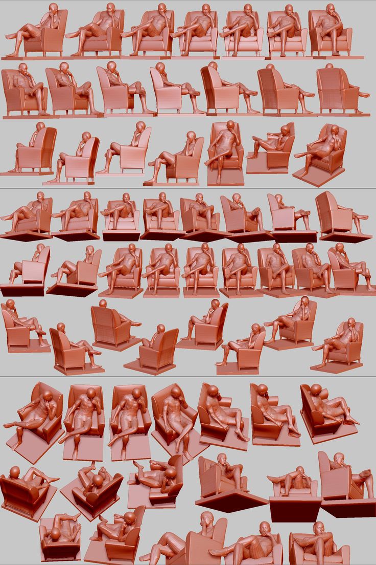 a collage showcasing a 3d model of a woman in various sitting poses on a modern chair. the model is presented in a terracottalike material, against a neutral gray background. the image provides multiple perspectives and angles of the same model and chair, ideal for artists seeking pose references.