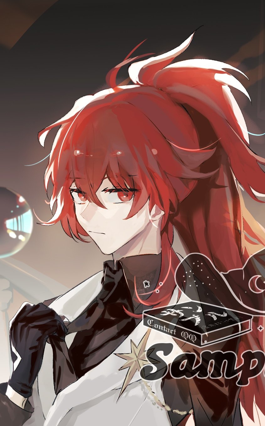 the image is a digital drawing of a female anime character with long red hair tied up in a ponytail. she is wearing a white shirt with a black collar and black gloves. she is looking to the side, and there is a book in the lower right corner of the image with the words "contact qq" on it. the image is styled in a mangalike art style.