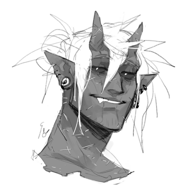 a black and white sketch of a demon with horns, piercings and sharp teeth, looking at the viewer. the image is drawn in a detailed and expressive style.