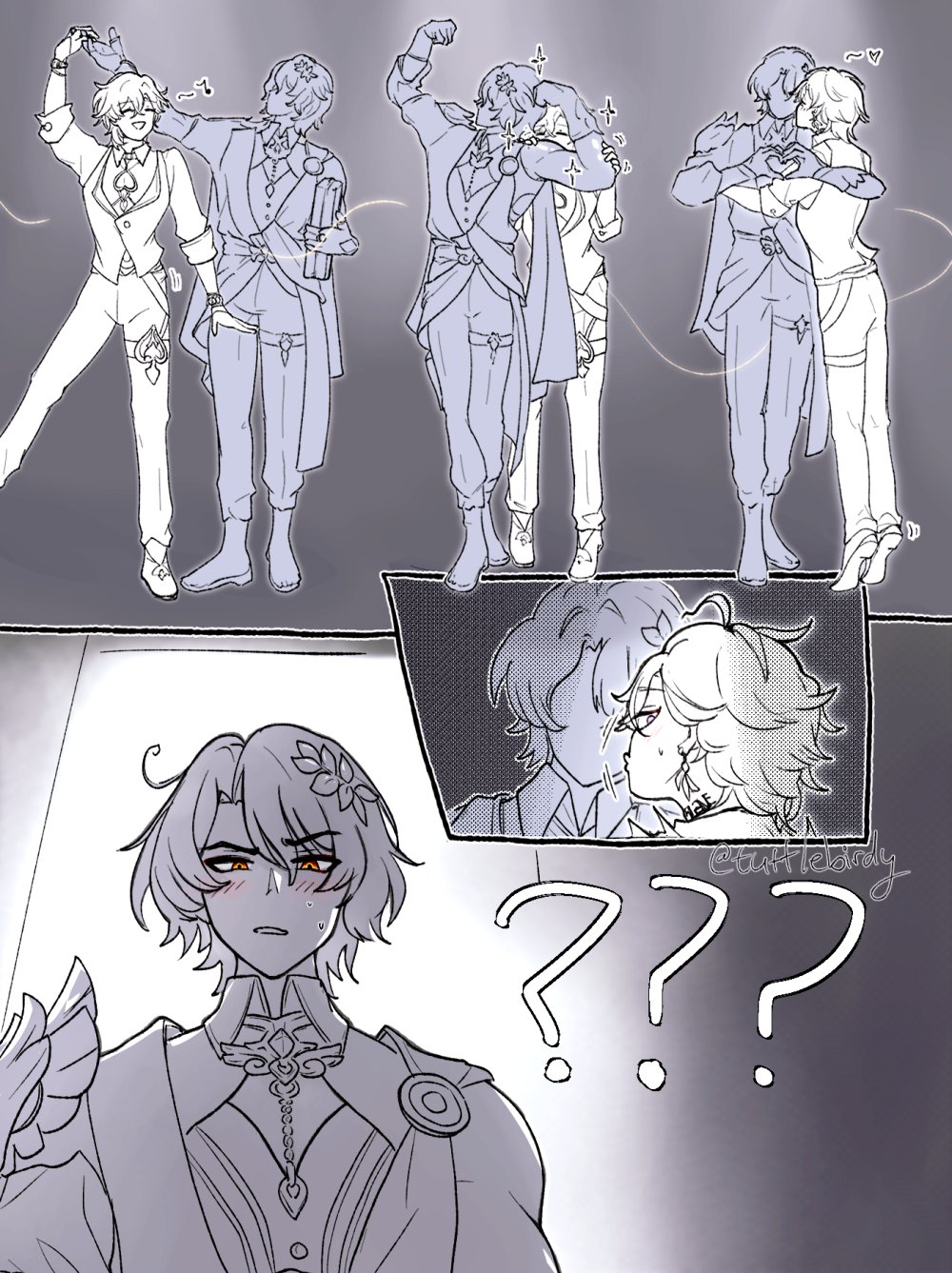 he image is a fanart depicting characters from the game genshin impact, specifically albedo and sucrose. the top half shows three panels of albedo and sucrose in different poses, possibly illustrating a dance or a series of romantic moments. the bottom half shows a character that resembles albedo looking confused as he watches a smaller panel showing sucrose and albedo kissing.  large question marks emphasize albedo's confusion. the art style is animeesque with light gray tones throughout. the lineart is clean and the style is consistent throughout the image.