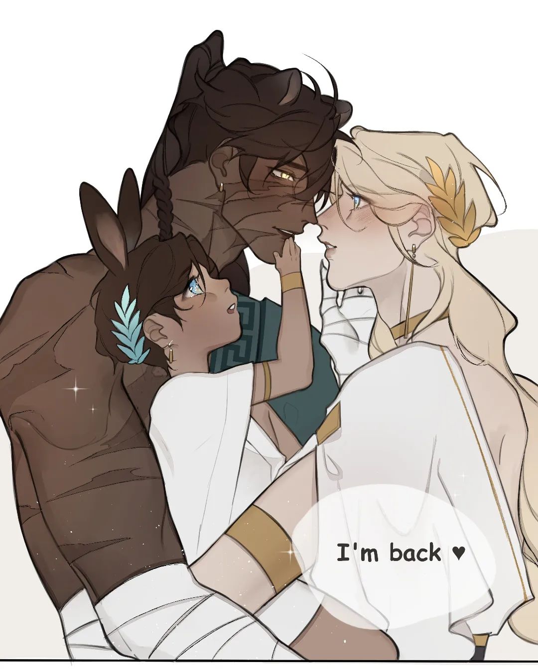 the image depicts a loving couple reunited with their child.  the man is a beastlike humanoid with brown fur, a pointed tail, and sharp ears.  he has a muscular build and dark brown eyes. he wears a white headband and a white garment around his waist. the woman is a humanoid with long, flowing blonde hair and large, expressive eyes.  she is wearing a white dress, a gold headband, and a golden bracelet on her left wrist. she appears to be reaching out for the man, who holds a small child in his arms. the child is small and humanoidlooking with large brown eyes, black hair, and bunny ears. she is dressed in a long, flowing white dress.  the couple's faces are drawn in a way that suggests they are in love. they appear happy and content with their family, their expressions filled with joy.  the scene is set in a minimalist background, which emphasizes the central figures and their emotions.  the overall impression is one of love, happiness, and joy.  the image is a powerful and moving depiction of family.