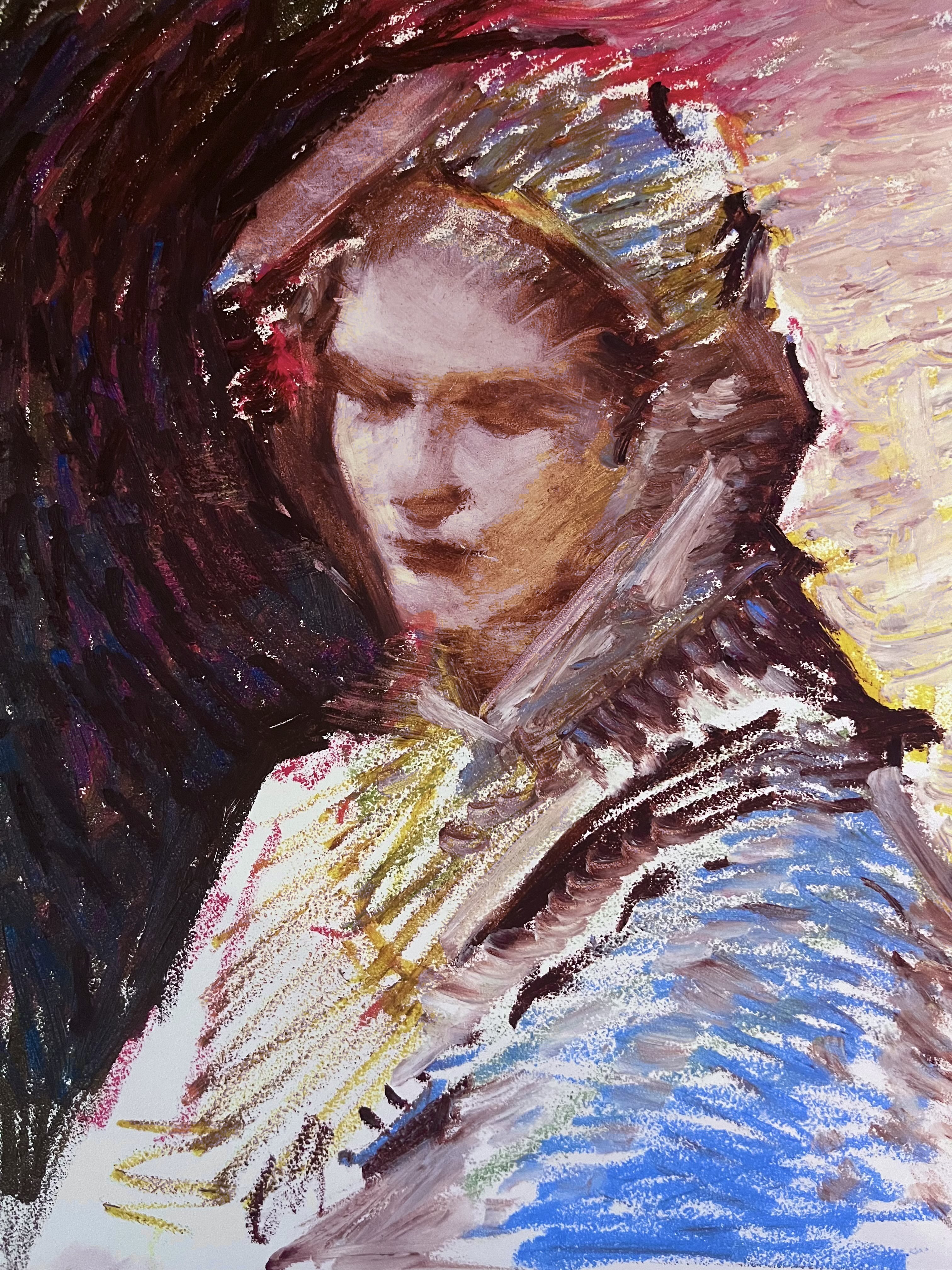 a closeup, abstract portrait painting of a woman. the painting is done in pastel and oil, with thick brushstrokes and vibrant colors. the woman's face is mostly obscured by shadow, but the features that are visible are strong and expressive. the background is a jumble of colors and shapes, creating a sense of depth and movement. the painting is a powerful and evocative piece that captures the beauty and mystery of the human face.