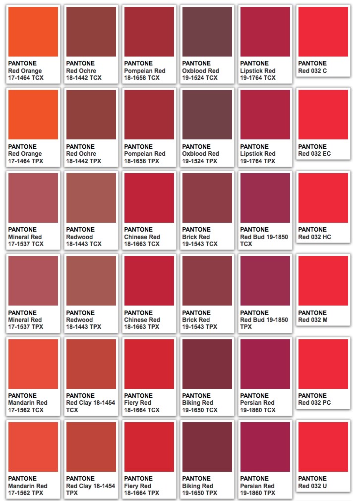 the image is a chart of pantone color swatches, featuring various shades of red, orange, and brown. each swatch is labeled with its pantone name and code, including tcx and tpx designations. the colors range from bright reds to deep browns and oranges, offering a comprehensive redthemed color palette.