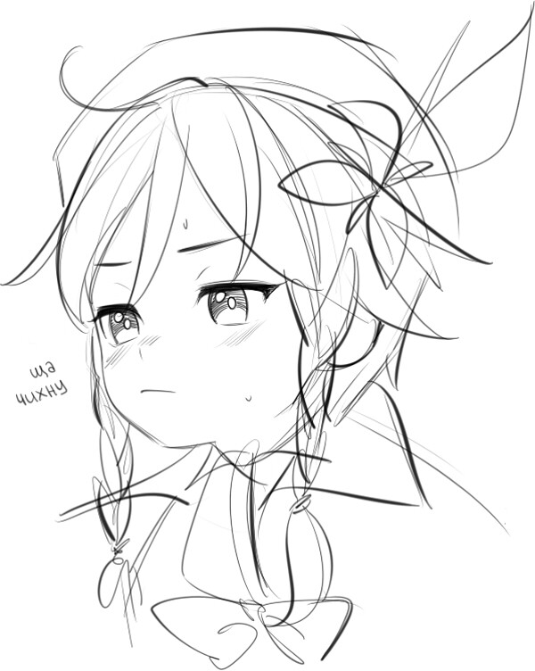 the image is a black and white sketch of a young animestyle girl looking slightly flustered or embarrassed. she's drawn in a bustup style, showing her head and shoulders. the girl has large eyes, a small nose, and a slight blush on her cheeks. her hair is styled in two braids, with strands framing her face. she wears a simple headband with a flower on the side. the drawing style is loose and sketchy, with lines of varying thickness and some shading to indicate form. there is a small, stylized speech bubble next to her face with what appears to be nonenglish text.