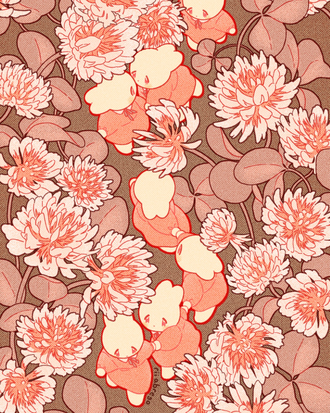 the image is a seamless repeating pattern featuring stylized cartoon bears or bunnies in pink/orange outfits, nestled among detailed illustrations of clover flowers.  the art style is reminiscent of art nouveau, with a pastel color palette and whimsical, cute character designs. the background is a muted brownishorange, creating contrast against the brighter floral and character elements. the overall aesthetic is cute and charming, suitable for textile design, wallpaper, or other decorative applications.