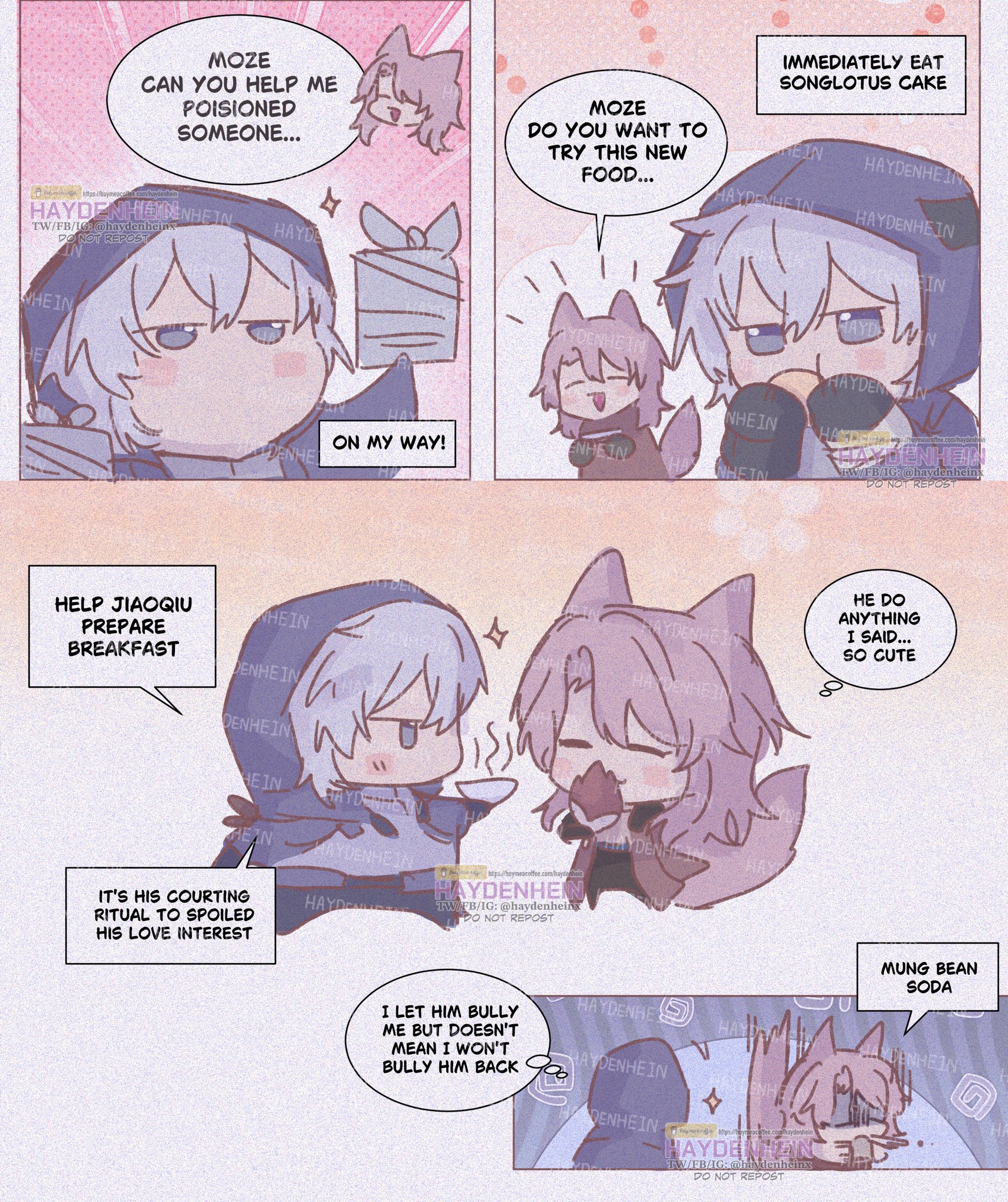 this is a comic strip from a manga series that depicts a story about cute anime characters. the panels show various conversations between the characters and each character has a unique and distinct appearance. the first panel shows a boy in blue clothing offering to help a girl who was poisoned while the second panel shows a boy offering food to a girl. the third panel shows a girl in blue clothes and a girl in pink preparing breakfast together while the fourth panel shows a girl in pink with a boy in blue. the final panel shows a girl in pink looking down at a boy in blue in a humorous situation.