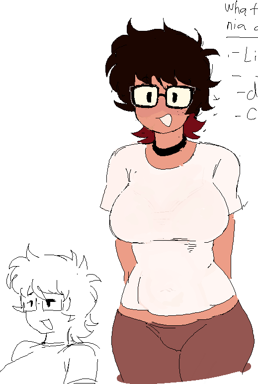 a drawing of two women with glasses and shirts. the woman on the right is wearing a choker. there is a list written above her head.