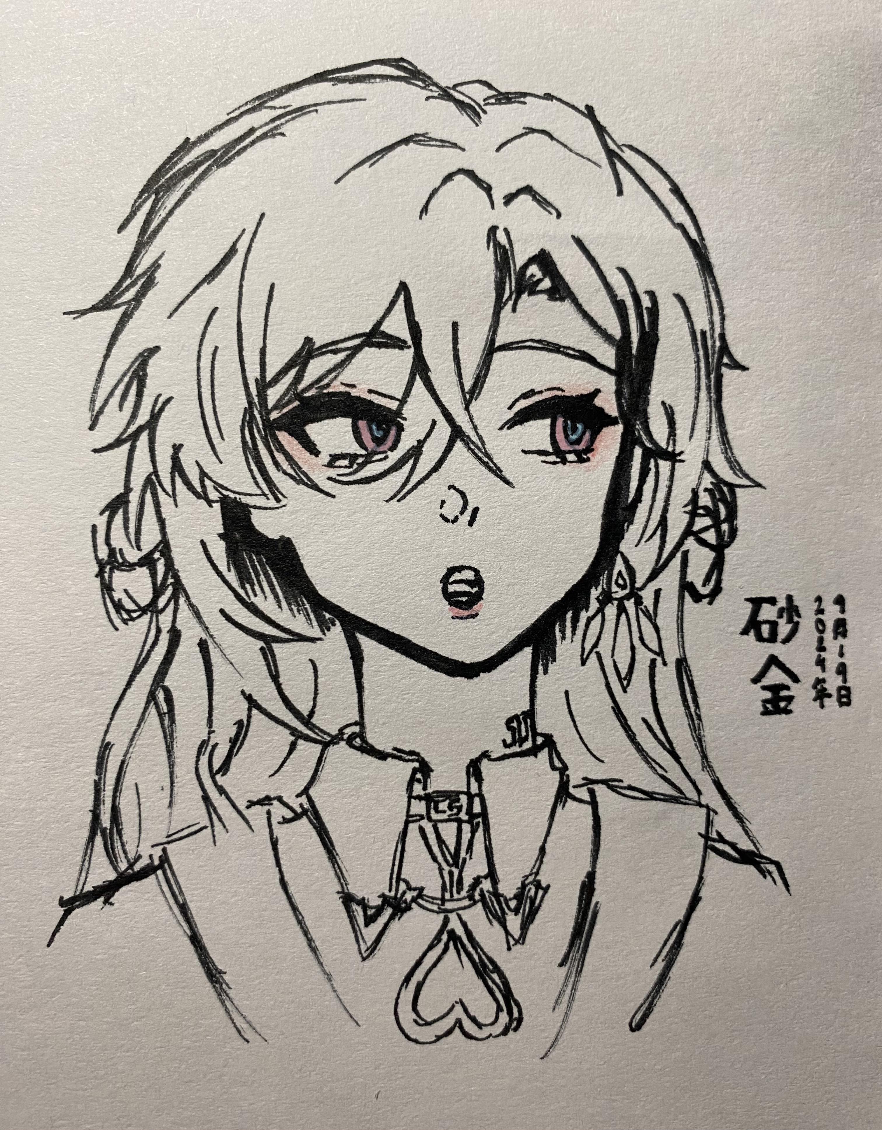 the image shows a handdrawn sketch of an animestyle girl. she has long, white hair, pink eyes, and is wearing glasses and a necklace with a heart pendant. the drawing is done in black ink on white paper and has a slightly sketchy style. the artist's signature and the date 2024 are visible in the lower right corner, written in a style consistent with the drawing. the overall style suggests an original character design.