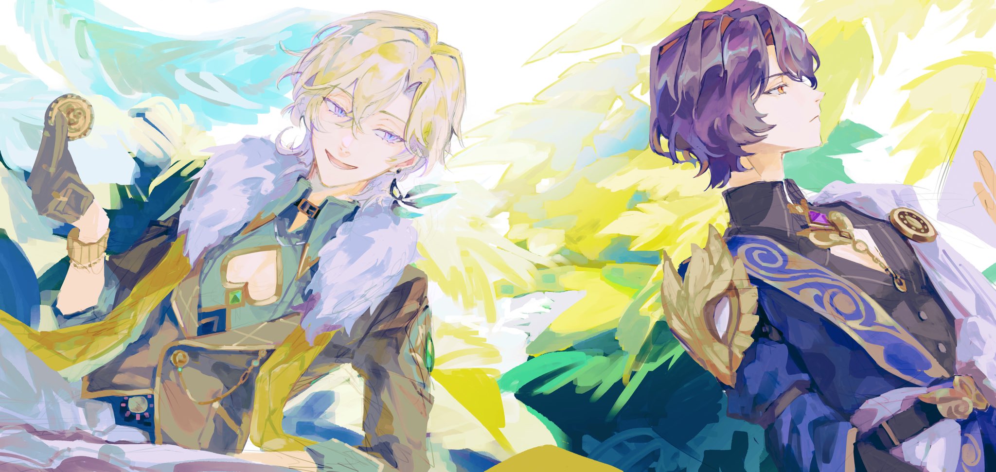 the image is a vibrant digital fan art depicting two animestyle young men.  one has blonde hair and is smiling subtly, wearing glasses and a stylish outfit with a large fluffy collar, a yellow coat, and ornate accessories. he appears somewhat mischievous. the other has short purple hair and a more serious expression, dressed in a regallooking, dark blue and gold outfit with elaborate detailing. he holds what seems to be a book or scroll. both are depicted with large, stylized wings in soft pastel colors behind them, suggesting a fantasy or angelic theme. the overall art style is fluid and painterly, with a focus on bright, contrasting pastel hues and detailed clothing. the composition suggests a close relationship between the two characters, hinting at romantic or at least very close friendship dynamic.