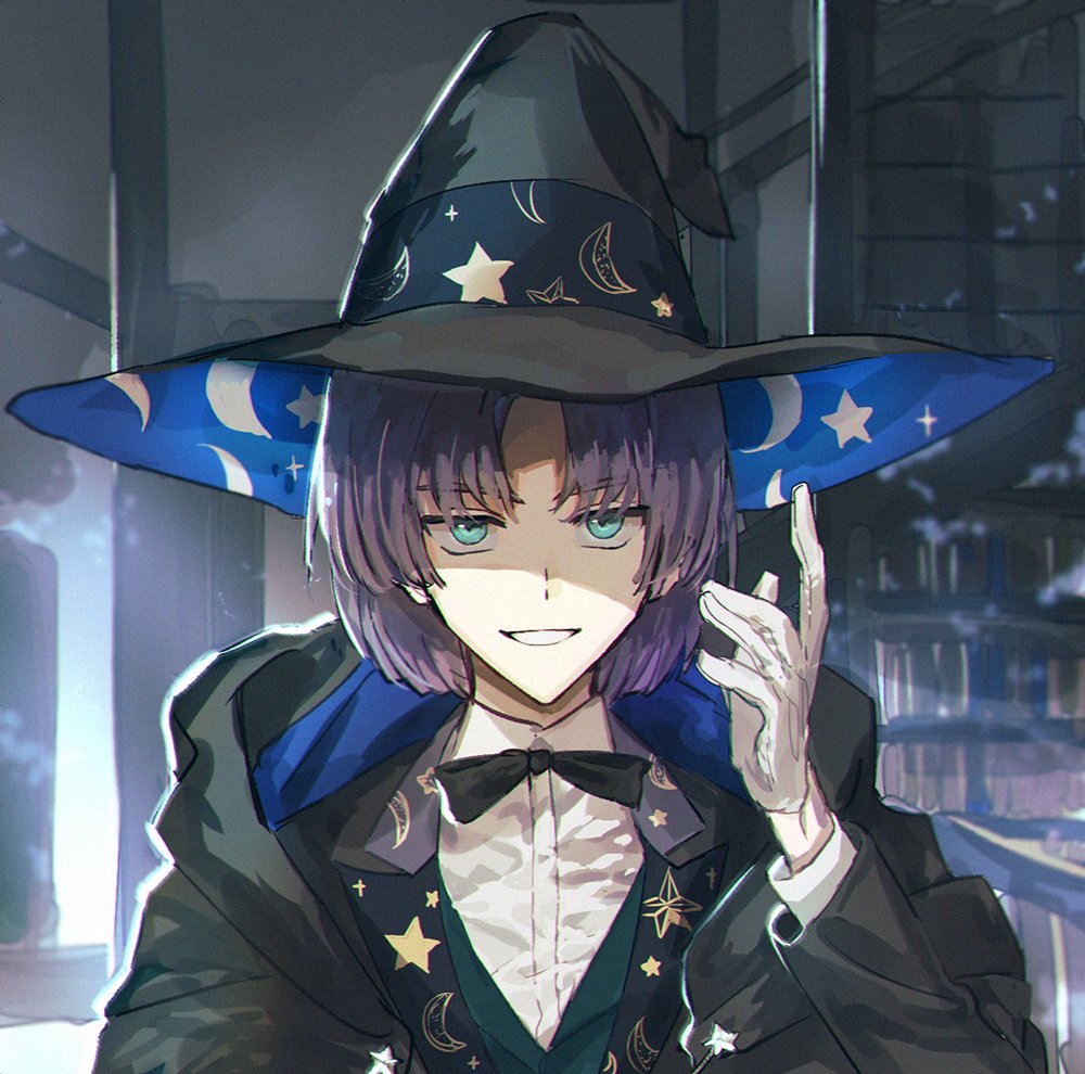 a young boy, wearing a black wizard hat with a blue and gold trim and stars and moon symbols on it, stands in a library looking at the viewer and grinning. he is wearing a black and blue suit with stars on the front and a white shirt with a bowtie. he has short purple hair, green eyes, and white gloves. the background is a blurred image of a library with shelves of books and a wooden floor.