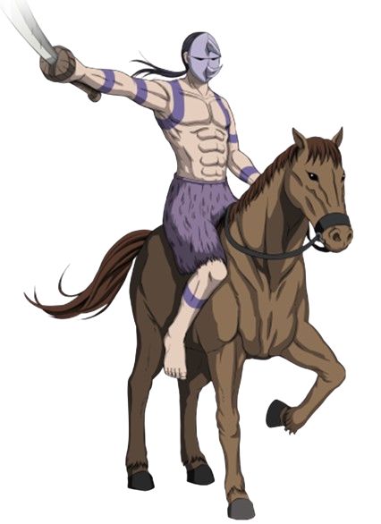 a muscular anime character with a mask riding a horse. he is holding a sword and is ready for battle.