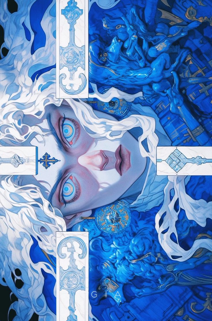 a digital portrait of a woman with white hair and piercing blue eyes. she is framed by a variety of ornate elements in blue and gold. the background is a swirling mixture of blue and white, and there is a cross and a key prominently featured in the art piece. the overall vibe is mystical and ethereal.