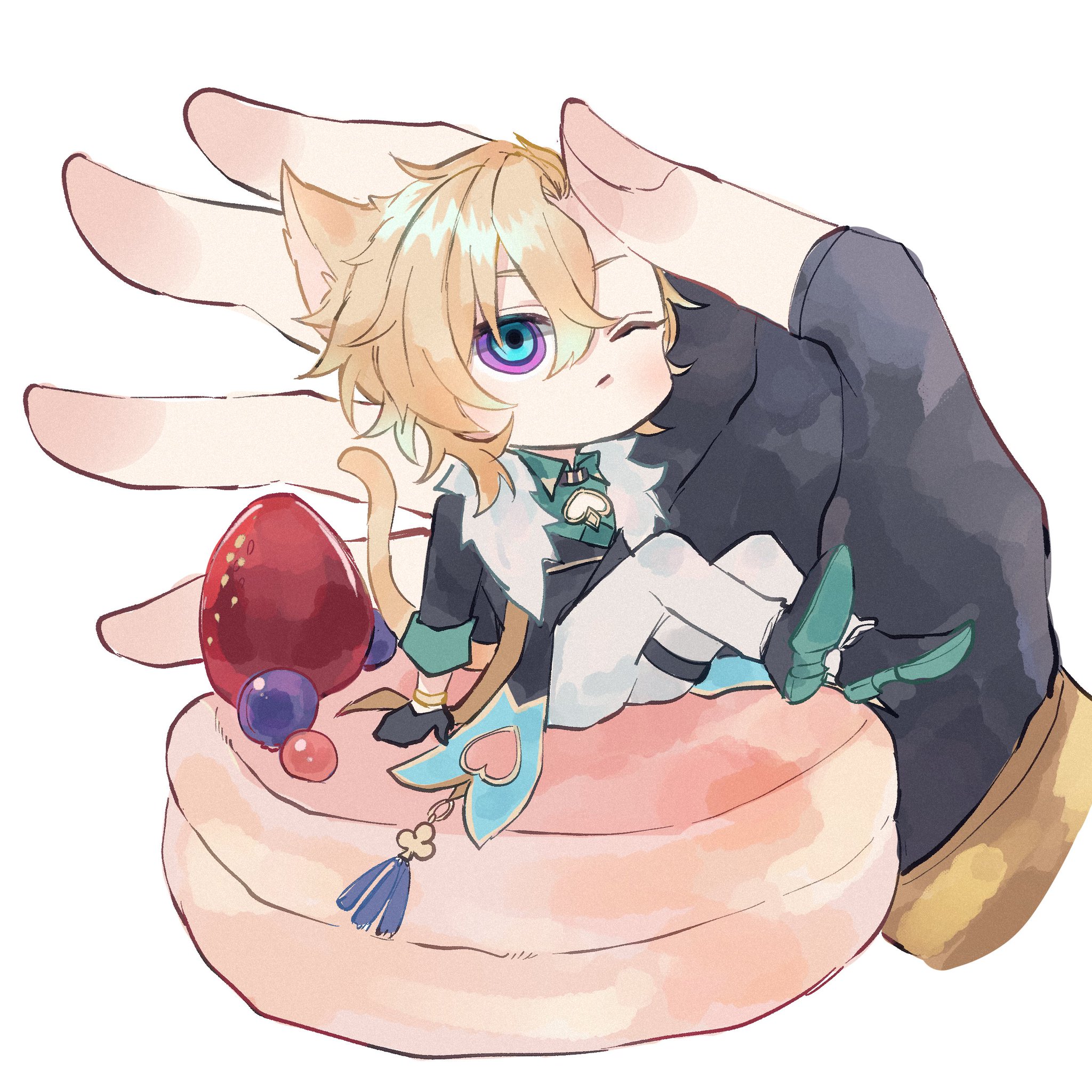 a cute chibi anime boy with cat ears is sitting on a giant hand, holding a large cake.  the cake is decorated with strawberries and blueberries.  the boy is wearing a black and white outfit with a green bow tie and a pink and blue heart on his chest. the boy is winking and has a playful expression on his face. the artwork is in a pastel color palette.