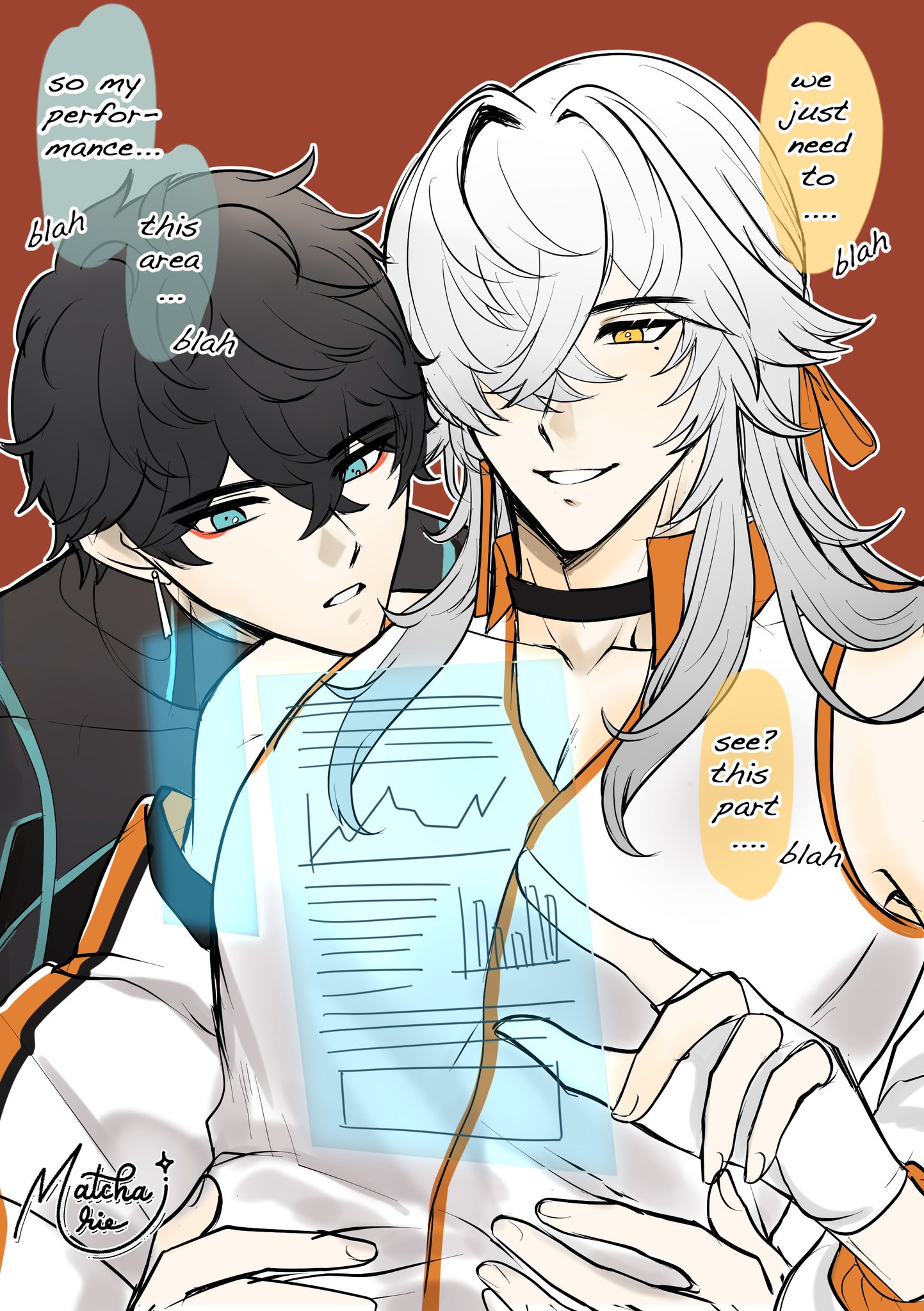the image depicts two anime boys, one with black hair and one with white hair, huddled together while looking at a data chart. the one with white hair is pointing at a specific section of the chart while the other is looking at it with a perplexed expression. they appear to be discussing their performance. the image is drawn in a cartoon style with simple lines and shading. there are speech bubbles containing dialogue and text.