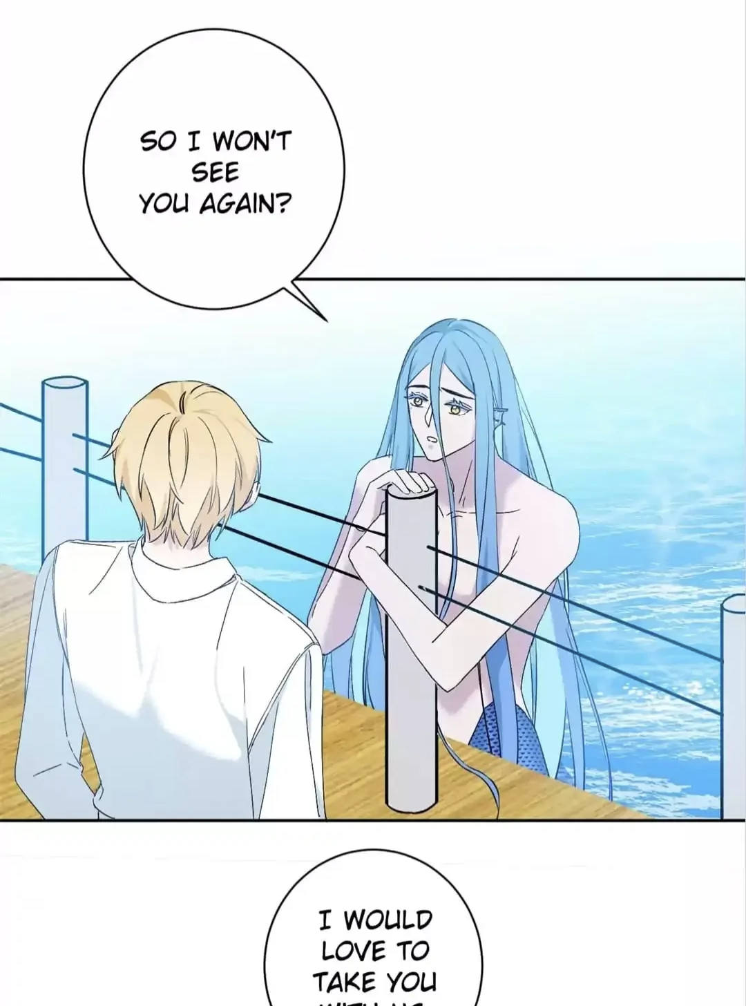 he image is a mangastyle illustration depicting a scene of farewell between a boy and a mermaid girl. the boy has blonde hair and is dressed in lightcolored clothing, while the mermaid girl has long blue hair and a pale complexion. she's leaning against a post on a dock, looking downcast.  the boy seems to be turning away, saddened by the impending separation.  speech bubbles show their dialogue, suggesting a sorrowful goodbye. the background features a tranquil ocean scene.  the overall mood is melancholic and romantic.