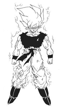 this is a black and white drawing of goku from dragon ball z, depicted as a super saiyan. he is shown in a dynamic pose, likely in the midst of a fight, with his hair spiked up and his clothes torn. the drawing captures the intensity and power of the character.