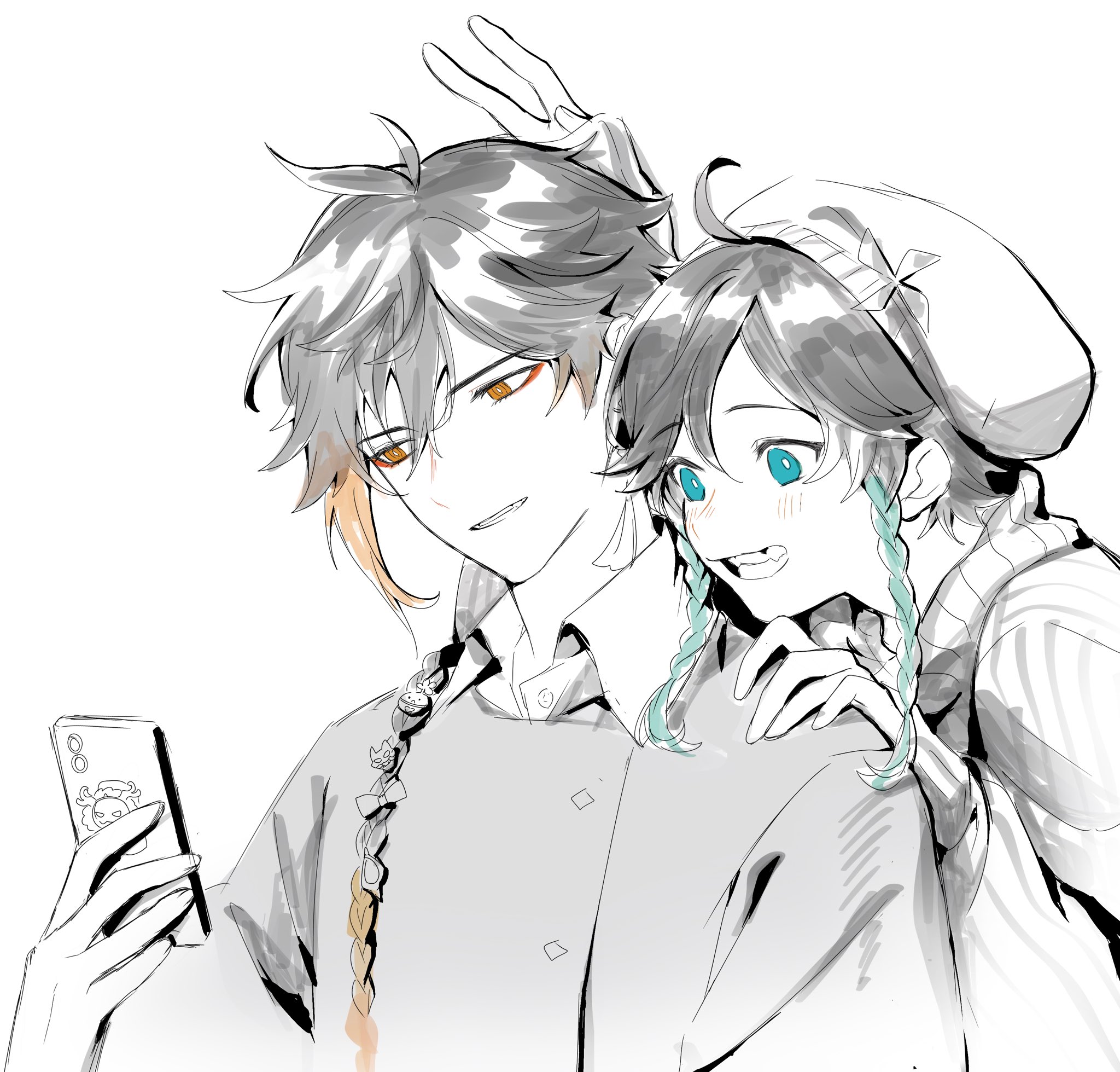 this is a black and white drawing of an anime couple. the boy is on the left, looking at his phone with a smile on his face. the girl is on the right, resting her head on his shoulder, looking at the camera with a smile on her face. they are both wearing casual clothing and have different colored braids. the boy has orange hair and the girl has blue hair.