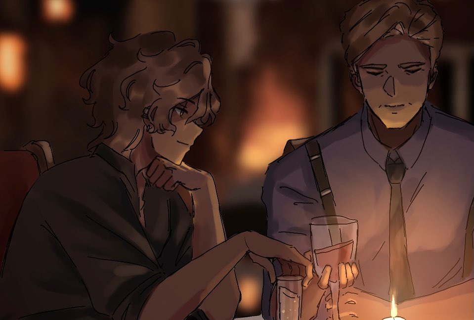 the image depicts two men, one with brown hair and the other with blonde hair, sitting at a table in a dimly lit restaurant. there is a candle on the table, and both men have glasses of drinks in their hands. the men are looking at each other, and the overall ambiance of the image is romantic and intimate. the brown hair man is wearing a dark shirt and the blonde hair man is wearing a purple shirt with a tie.  the image suggests a romantic date night.