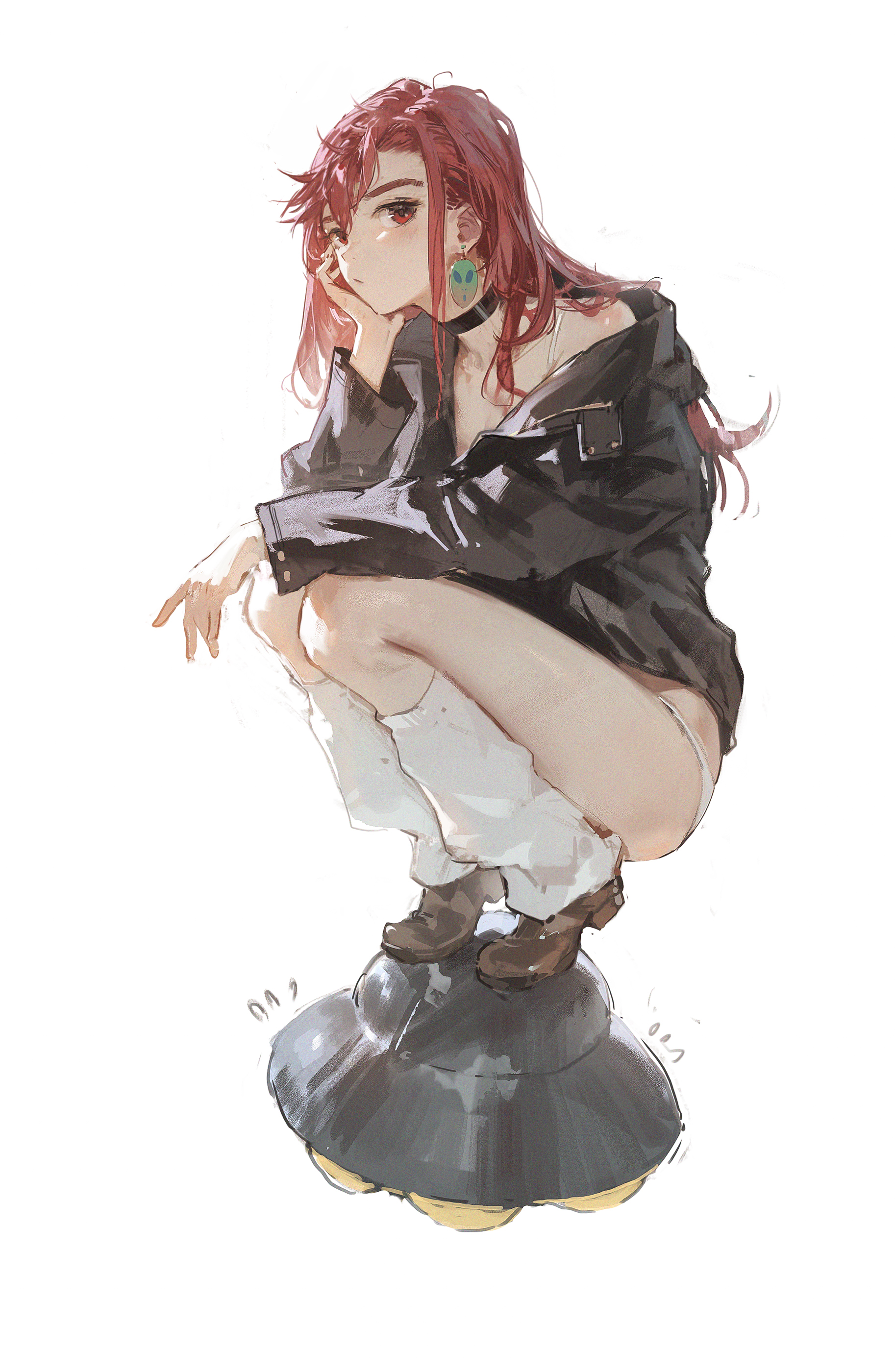 a digital drawing of an anime girl with long red hair sitting on a ufo, drawn in a sketchy style. she is wearing a black leather jacket, white socks, and boots. she has a thoughtful expression on her face. the ufo is a classic saucer shape with a dome on top and a row of lights on the bottom. the girl and the ufo are drawn on a white background.