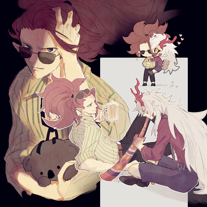 this is a digital illustration of four anime boys. in the foreground, two boys are sitting beside each other. one boy has long white hair and is wearing a red shirt with a green strap and blue jeans. he is holding a wooden stick, and is looking down. the other boy is wearing a green and white striped shirt and black pants. he has short, pink hair and is holding a glass of beer. in the background, there are two other boys, who are sitting on a chair. the boy on the left has long pink hair and is wearing a white shirt and black sunglasses. he is holding a brown teddy bear. the boy on the right has short, red hair and is wearing a yellow shirt and a red headband. he is carrying a smaller boy with white hair who is wearing a pink shirt. they are both smiling.