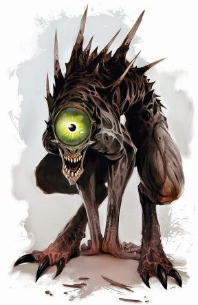 a horrifying creature with one large, green eye and sharp claws and teeth. it is hunched over with its body covered in spiky, fleshy protrusions. the creature has a menacing expression and appears to be ready to attack. it is set against a white background.