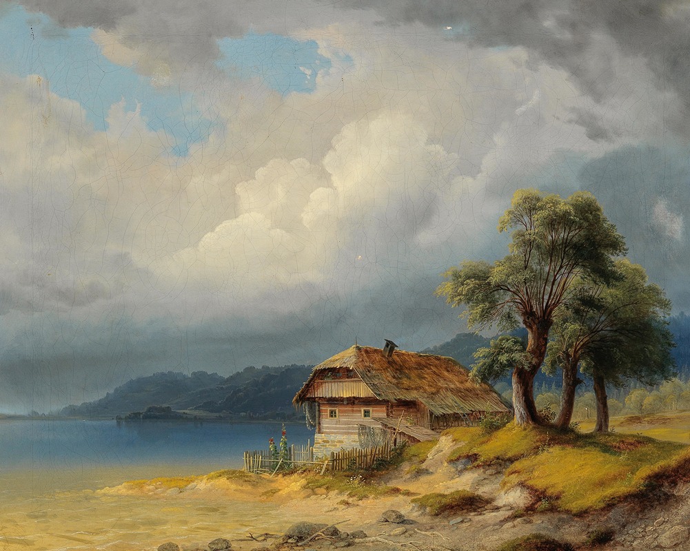 a landscape painting depicting a thatchedroof house situated near the shore of a lake. the house is nestled against a small hill, with a wooden fence surrounding its yard. several tall trees stand to the right of the house. the lake stretches out to the horizon, with mountains visible in the background. the sky is overcast with clouds, casting a somewhat somber light over the scene. the foreground features a sandy shore with some rocks and vegetation. the painting captures a rural, idyllic scene.