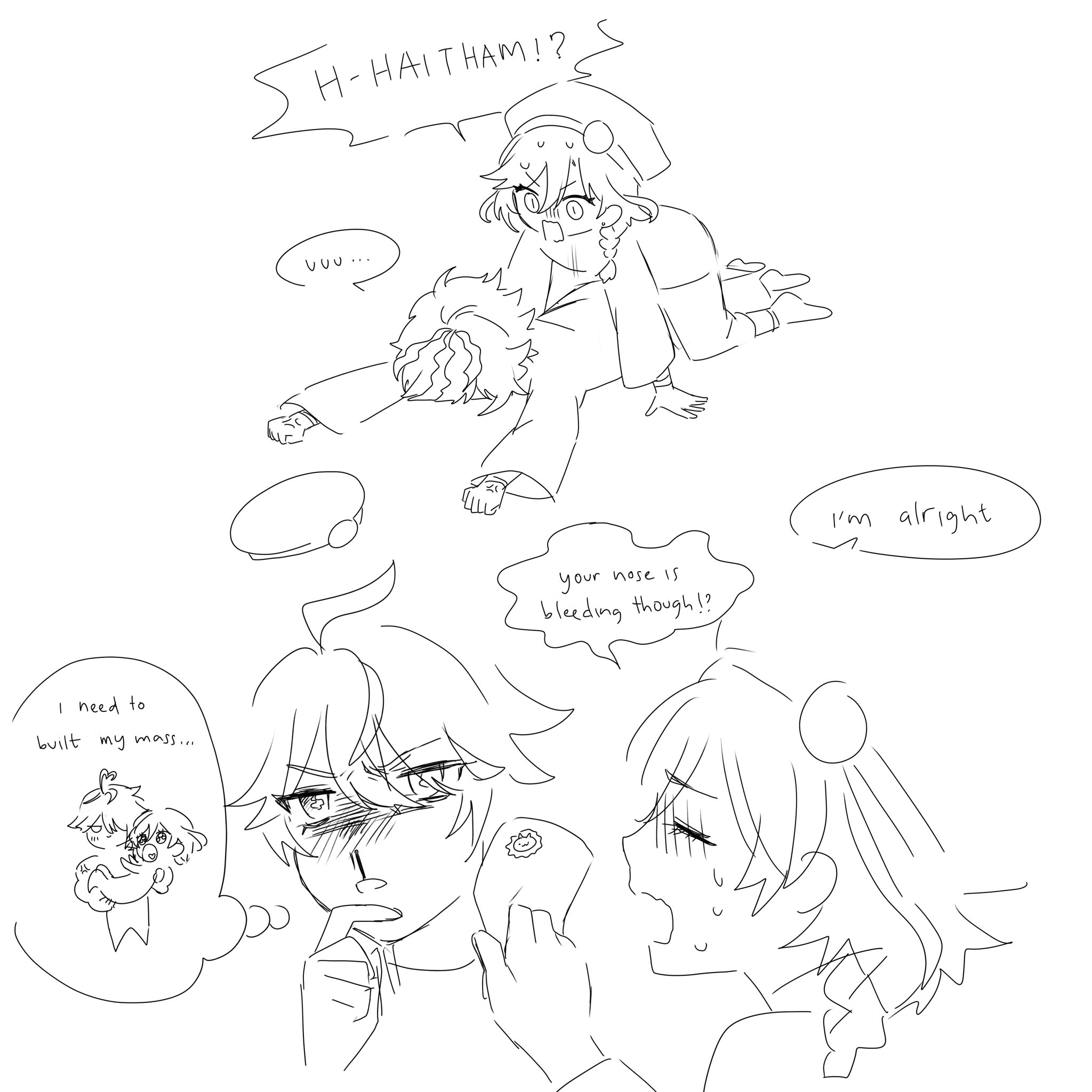 the image is a black and white sketch of an animestyle comic.  it features three characters. one male character is on the ground while a female character is hovering over him, concerned. the male character looks injured and has a nosebleed. the other female character is in the background, looking slightly shocked and pointing at the male character. there is a thought bubble over the male character's head that shows him thinking about something and a dialogue box in front of the female character. the dialogue boxes contain words that suggest a conversation is taking place between the characters.
