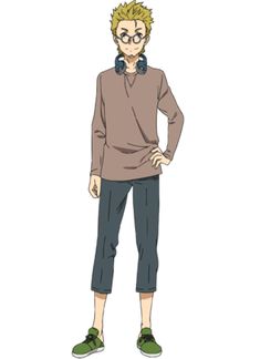 the image shows a young man with blonde hair and glasses. he is wearing a brown longsleeved shirt, dark gray pants, and green shoes. he is also wearing headphones around his neck and has his hands on his hips. he appears to be a character from an anime or manga series. the background is plain white.