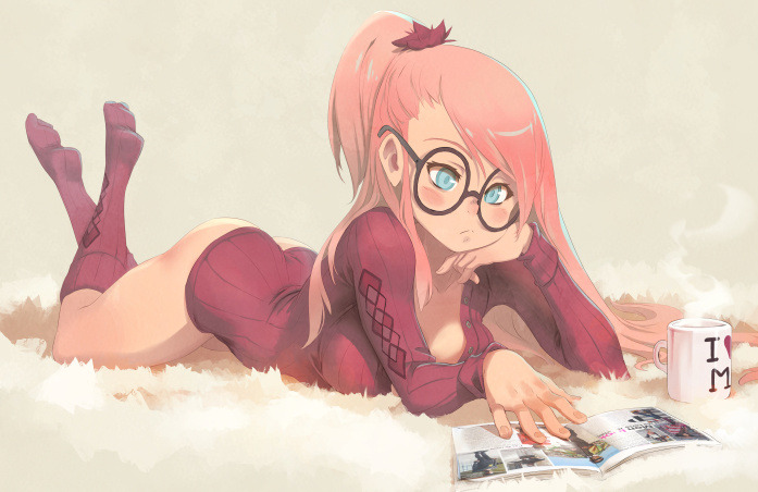 a cute anime girl with pink hair and glasses lies on a fluffy white surface, wearing a red sweater and socks. she is reading a magazine and holding a coffee mug with the letters "i love" visible on it. the image is done in a soft, mangastyle illustration.