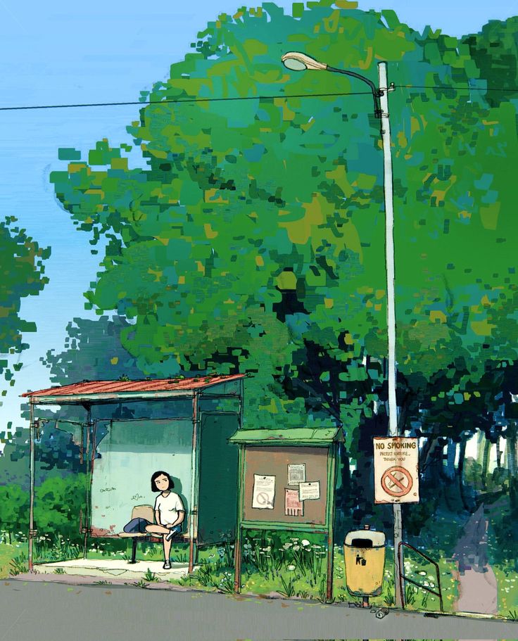 the image is of a quaint bus stop nestled amidst lush greenery. a young woman with short black hair sits patiently on a bench beneath the shelter, her gaze lost in thought. the sun casts dappled shadows on the ground, creating a serene and peaceful atmosphere. a "no smoking" sign stands prominently near the trashcan, reminding passersby of the rules. the overall ambiance of the scene evokes a sense of quiet anticipation and the simple beauty of everyday life.