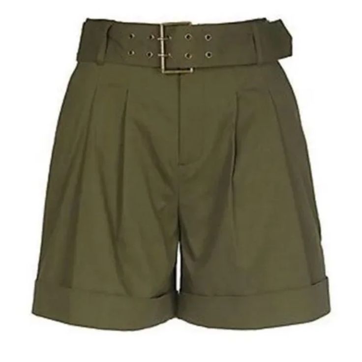 a pair of olive green widelegged shorts with pleats and cuffed hems, featuring a thick belted waist.