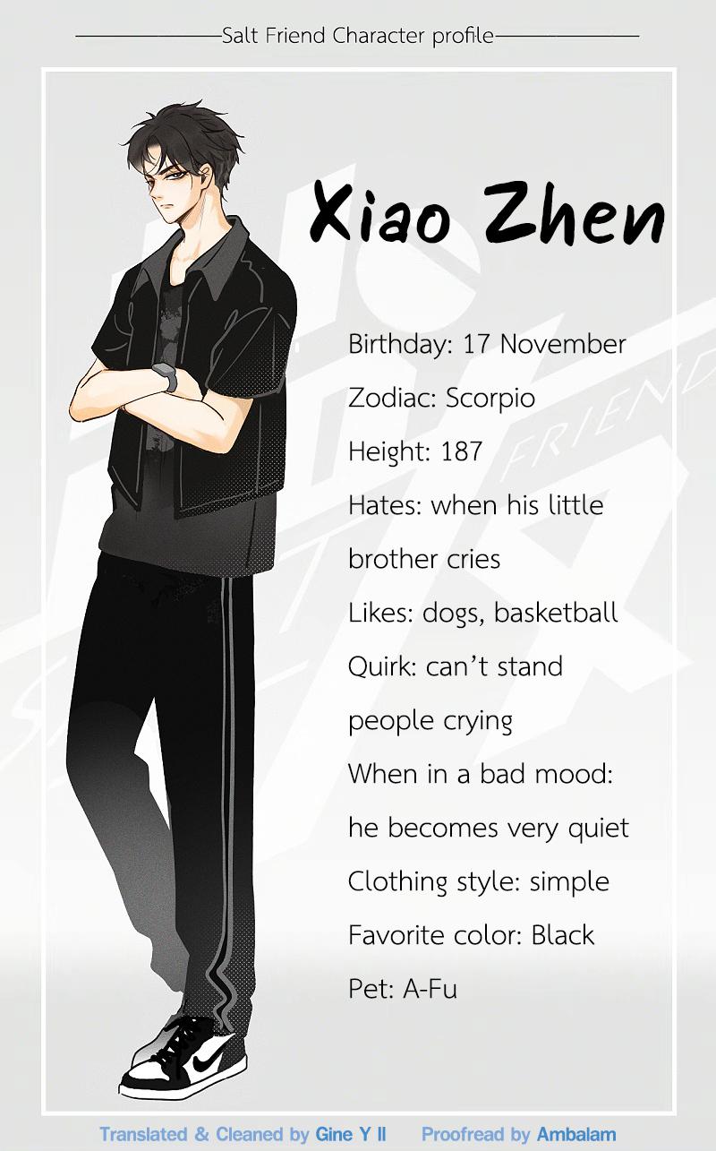 the image is a character profile of xiao zhen from the "salt friend" series. the profile features a portrait of xiao zhen, a young anime boy with black hair, and a list of his personal details, including his birthday, zodiac sign, height, likes and dislikes, quirks, and other information. the profile is written in a simple, easytoread style.