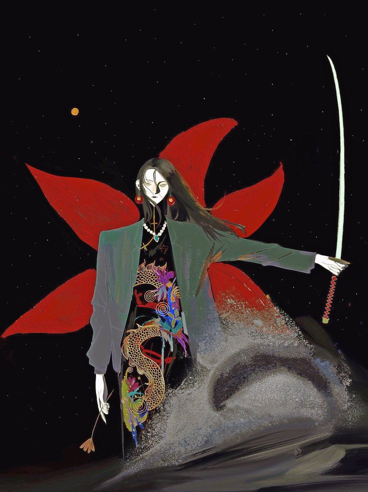 a fantasy illustration featuring a woman in a kimono with a dragon design, wearing an overcoat, a pearl necklace, and earrings, holding a sword. she stands against a backdrop of large red flower petals and a starry night sky with a moon. the artwork has a mystical and traditional feel.
