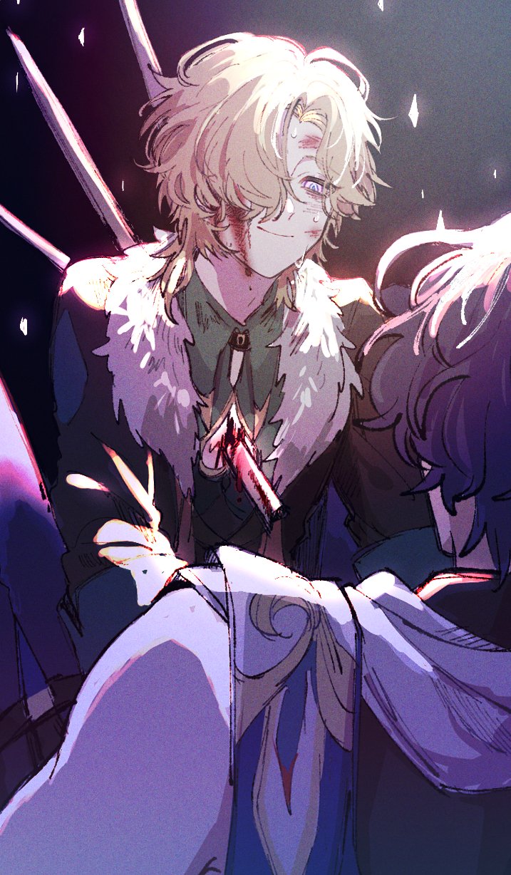 a digital illustration style image shows a blondhaired character carrying a person draped in a white robe with gold patterns. the blond character has blood and wounds on their face, fur collar, and holds a bloody sword. the background is dark with light or starlike shapes.