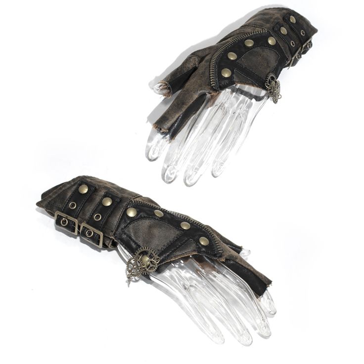a pair of steampunkstyle fingerless gloves made of brown and black leather. they feature metal buckles, rings, chains, and gears. the gloves are displayed on mannequins with plastic hands. the gloves are vintage and have a retro style, and would be perfect for cosplay or costume.  they are a unique and stylish accessory.